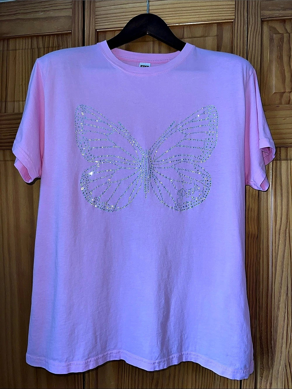 Woman’s Victoria's Secret PINK Butterfly Embellished Tee in Pink Size Medium Lik